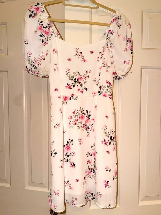 Francesca's Dresses & Skirts - White Pink Floral Print Puff Sleeve Tie Front Mini Dress Size Small